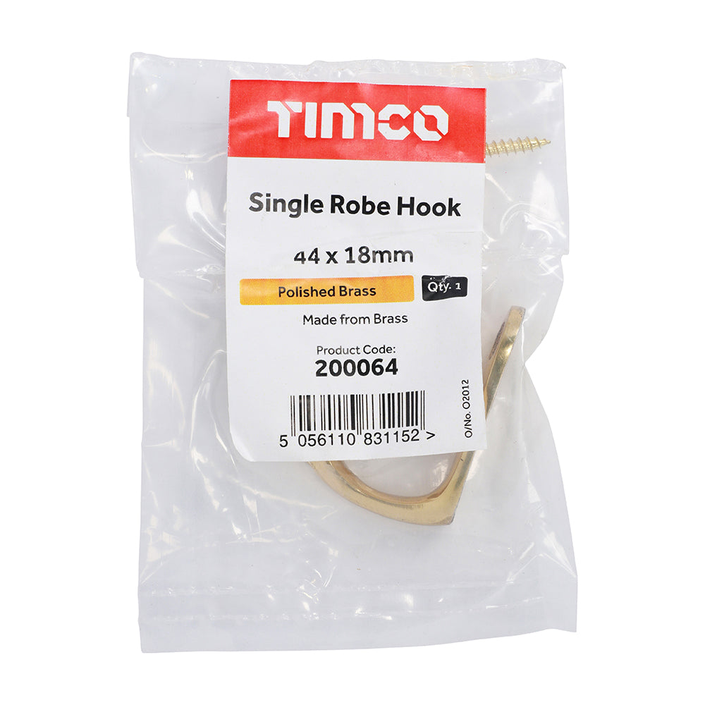 Single Robe Hook Pol. Brass - 44 x 18mm