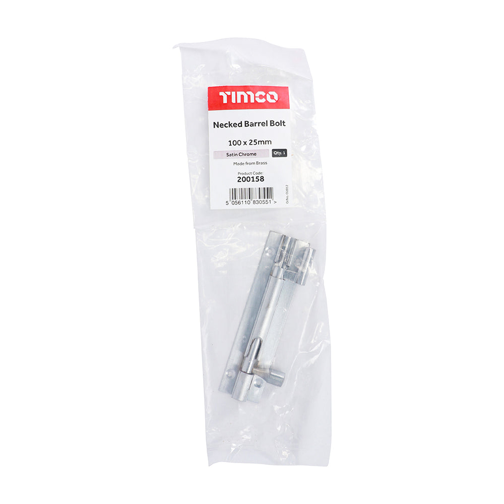 Necked Barrel Bolt Satin Chrome - 100 x 25mm