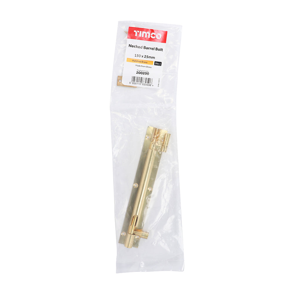 Necked Barrel Bolt Polished Brass - 150 x 25mm