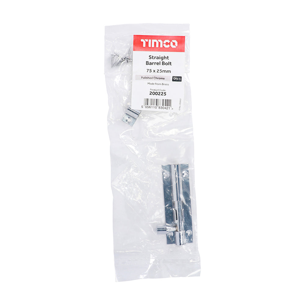 Str. Barrel Bolt Pol. Chrome - 75 x 25mm