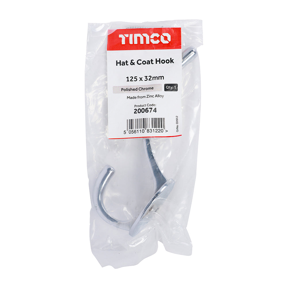 Hat & Coat Hook Pol. Chrome - 125 x 32mm