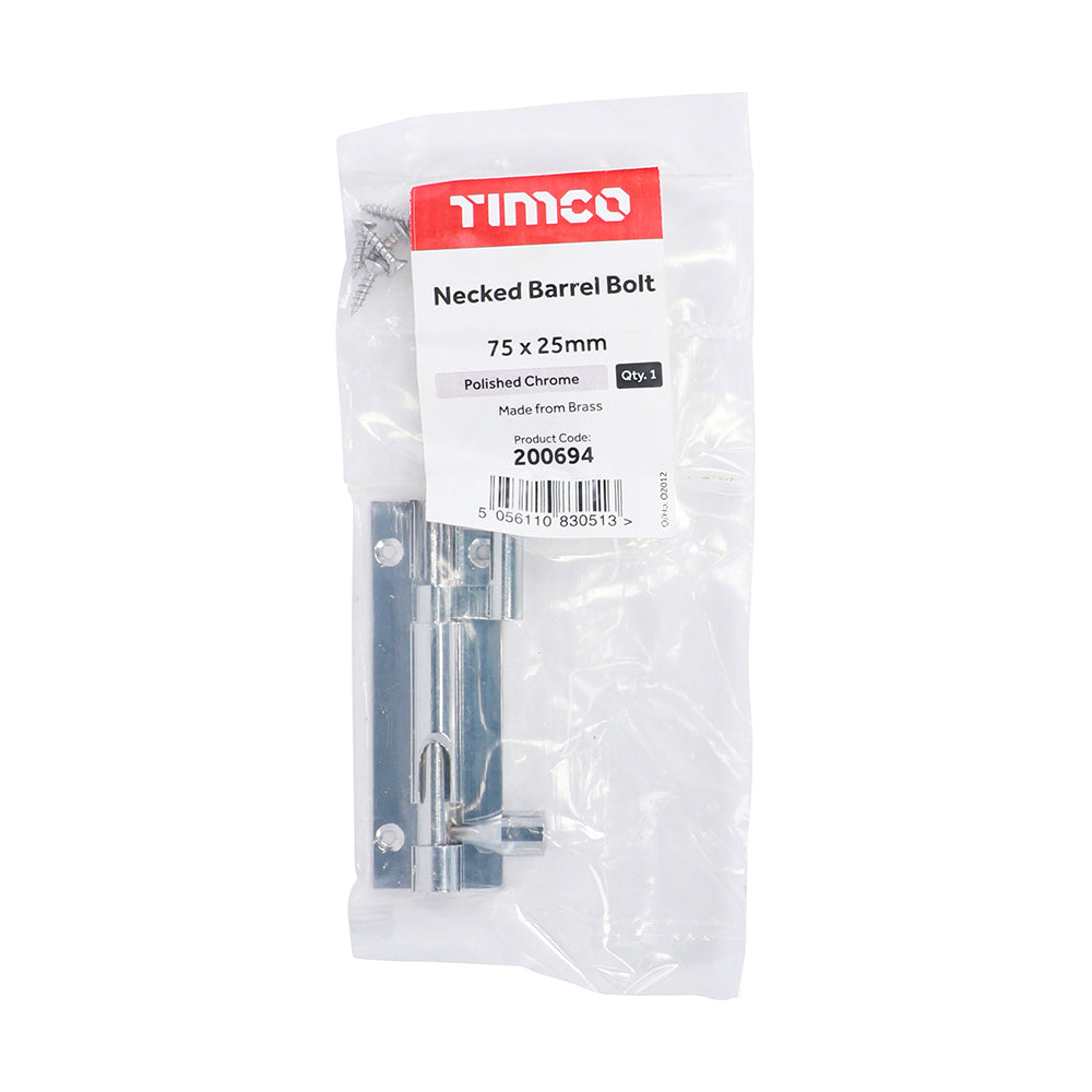 Necked Barrel Bolt Polished Chrome - 75 x 25mm