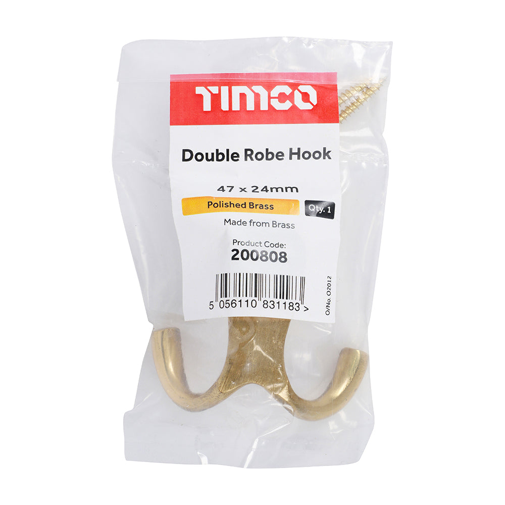 Double Robe Hook Pol. Brass - 47 x 24mm