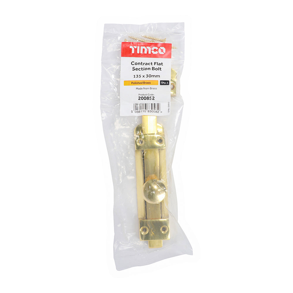 Flat Section Bolt Polished Brass - 135 x 30mm