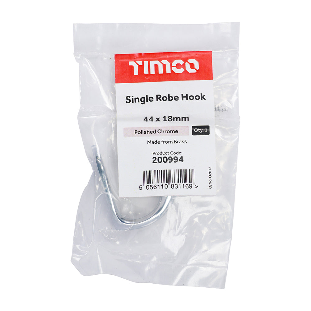 Single Robe Hook Pol. Chrome - 44 x 18mm