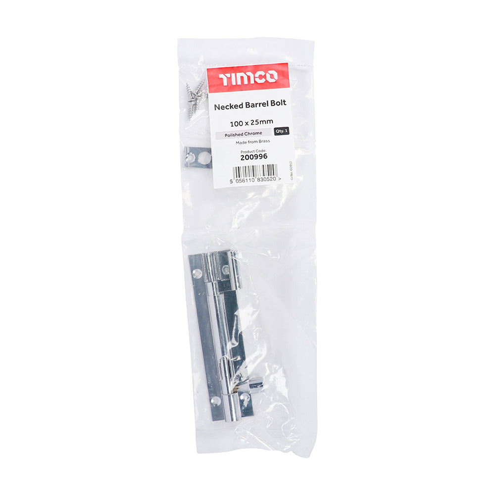 Necked Barrel Bolt Polished Chrome - 100 x 25mm