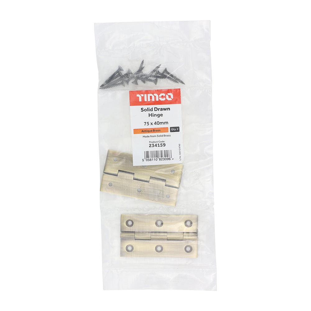 Solid Drawn Hinge A/Brass - 75 x 40 (Pack 2)