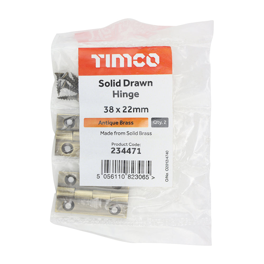 Solid Drawn Hinge A/Brass - 38 x 22 (Pack 2)