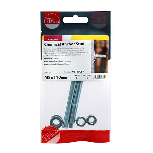 Chemical Anchor Threaded Studs, Nuts & Washers - Zinc - Pack 2