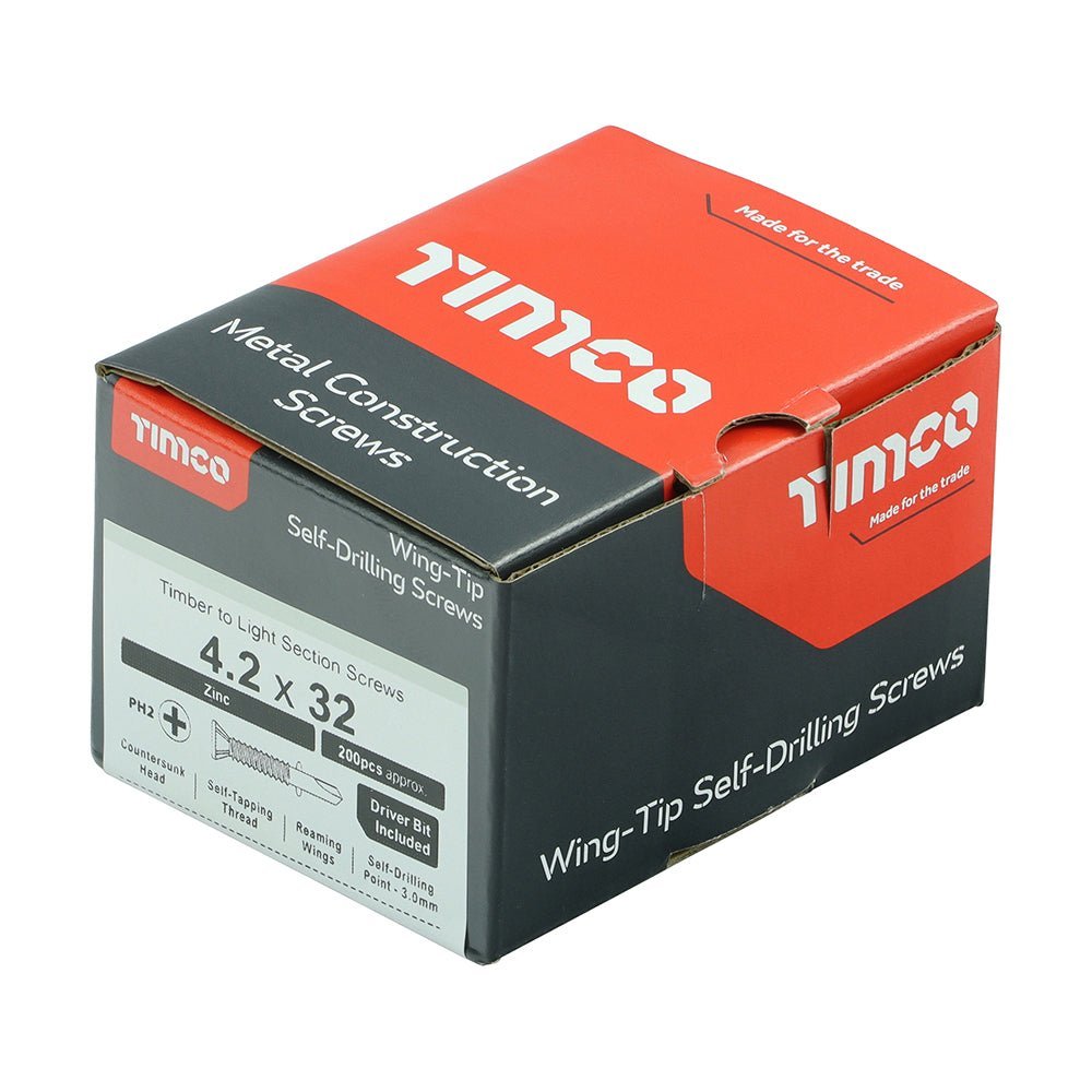 Metal Construction Timber to Light Section Screws - Countersunk - Wing-Tip - Self-Drilling Tek Screw - Zinc