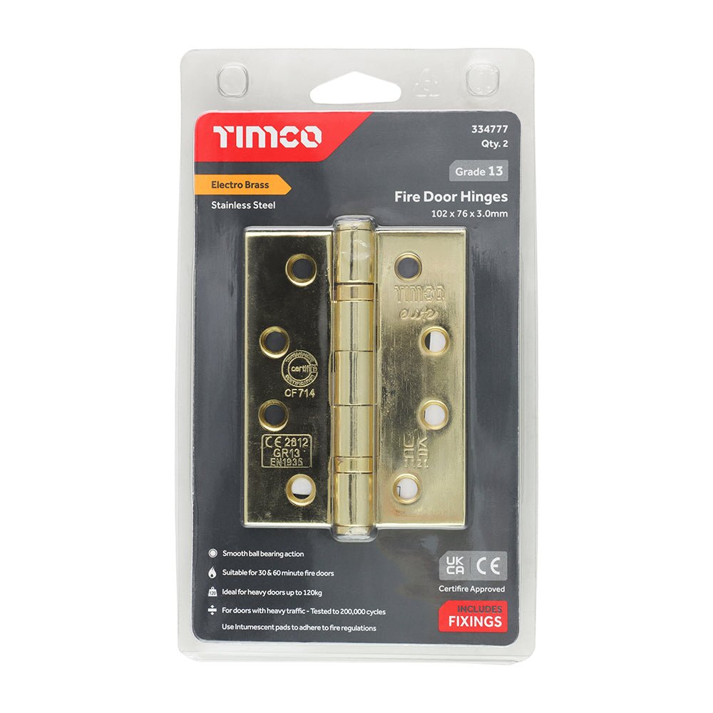 Grade 13 Fire Door Hinges - Electro Brass Stainless Steel (Pack 2)