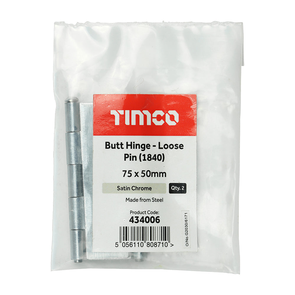 Butt Hinge Loose Pin (1840) S/Chrome - 75 x 50 (Pack 2)