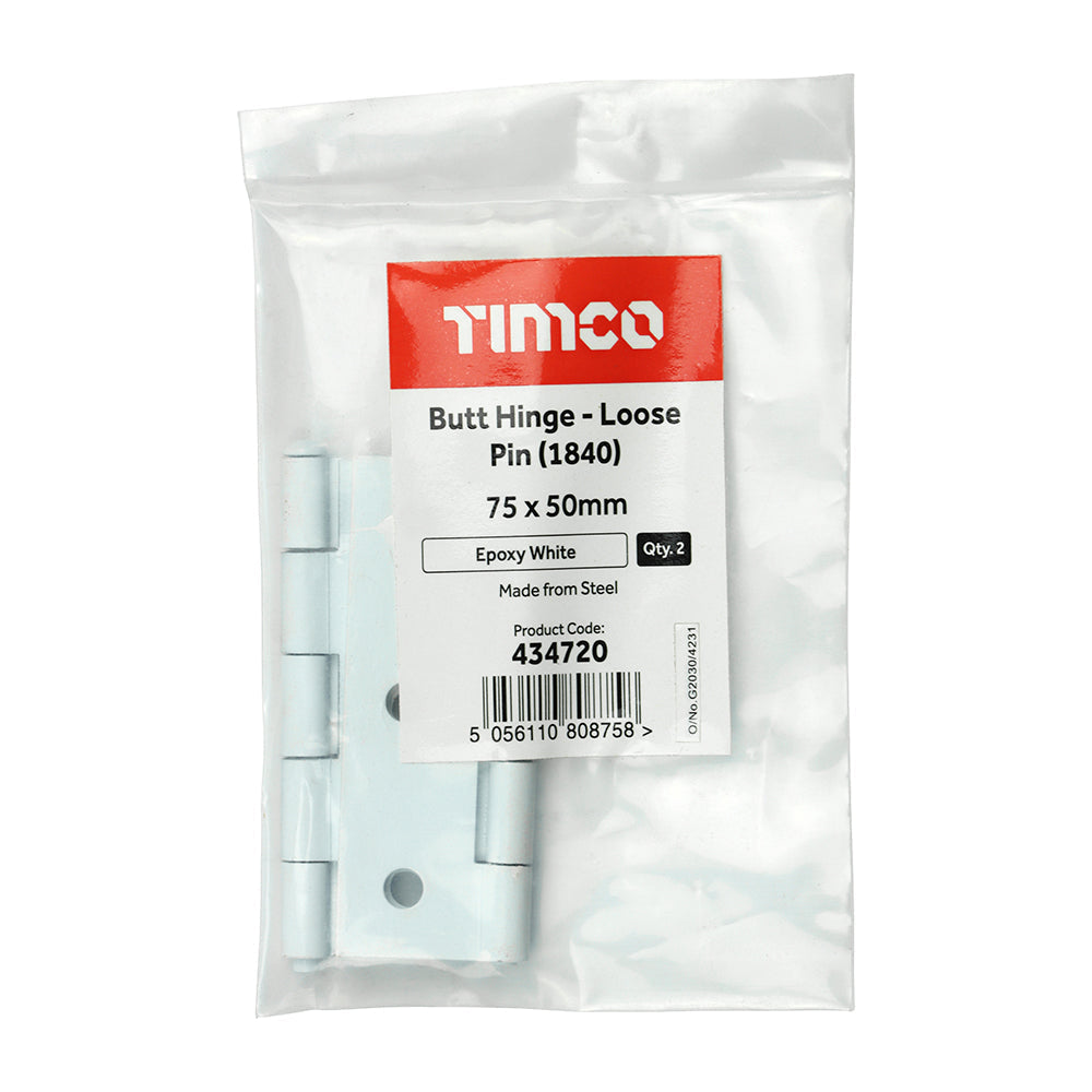 Butt Hinge Loose Pin (1840) White - 75 x 50 (Pack 2)