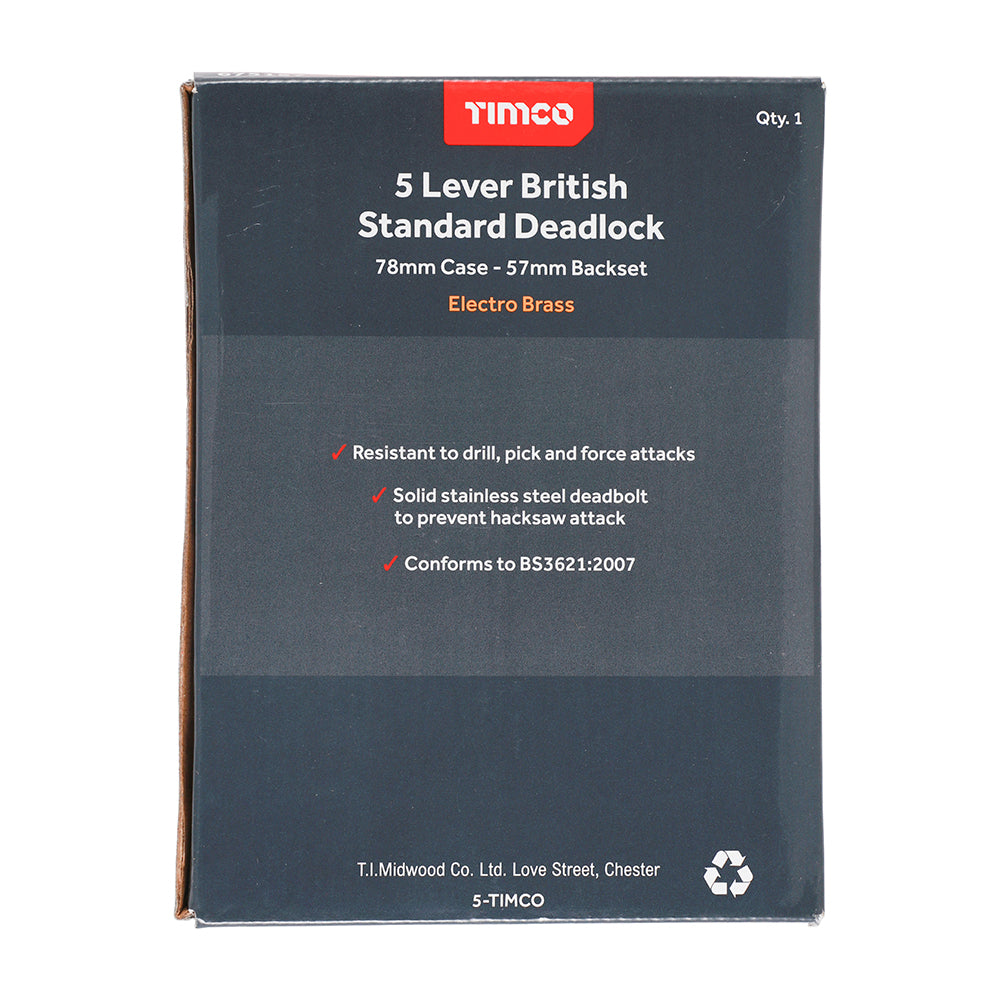 5 Lever BS Deadlock E. Brass - 78 case / 57 backset