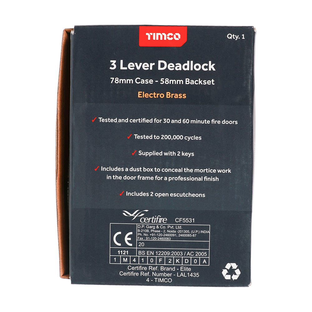 3 Lever Deadlock E. Brass - 78 case / 58 backset