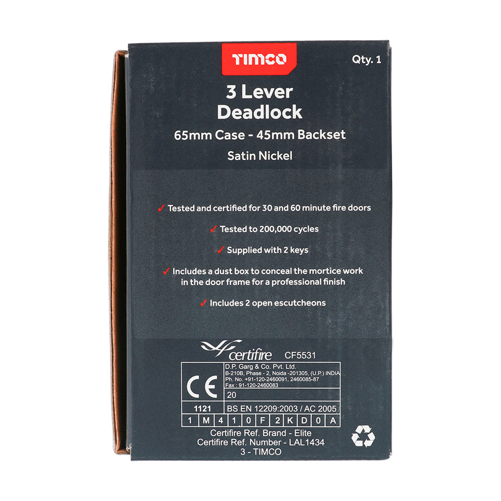 3 Lever Deadlock Sat. Nickel - 65 case / 45 backset