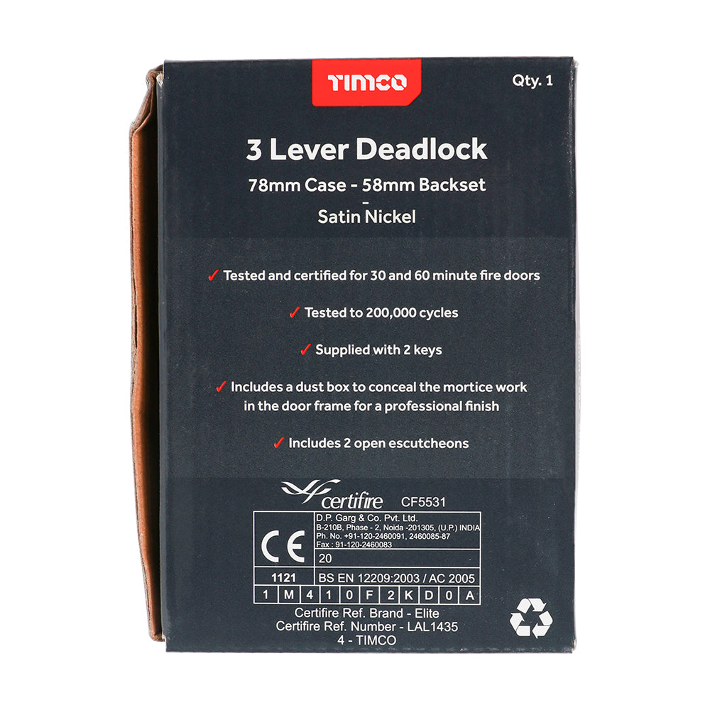 3 Lever Deadlock Sat. Nickel - 78 case / 58 backset