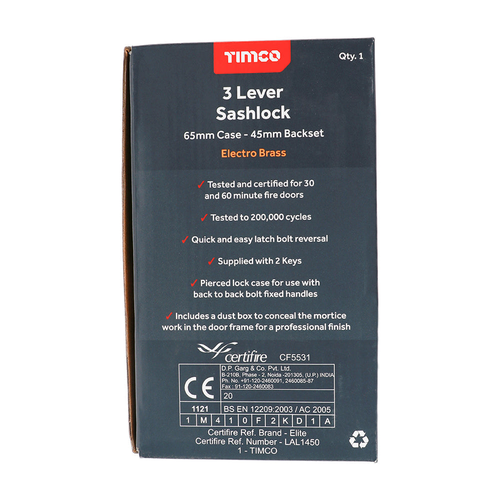 3 Lever Sashlock E. Brass - 65 case / 45 backset