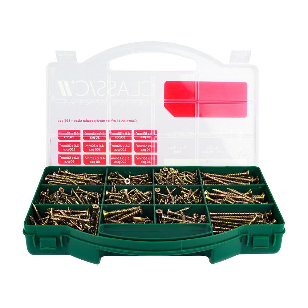 Classic Multi-Purpose Screws - Mixed Tray - PZ Pozi - Double Countersunk - Yellow - 895 pieces