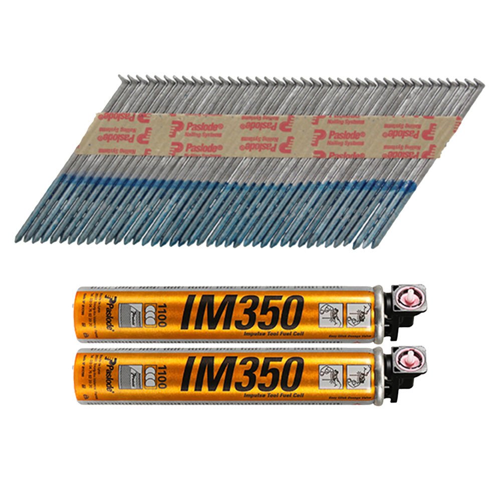 Paslode IM350+ Nails & Fuel Cells Trade Pack - Plain Shank - Hot Dipped Galvanised - 3.1 x 90