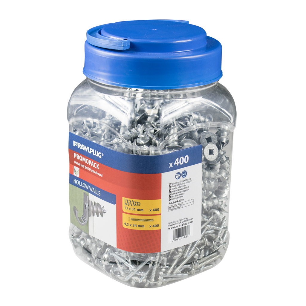 Rawlplug 'Dra02' Metal Self Drill Plasterboard Fixing With Screws (Bulk -Jar Of 400)