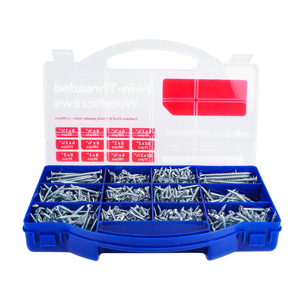 Twin-Threaded Woodscrews - Mixed Tray - PZ - Double Countersunk - Zinc - 1140 Pieces