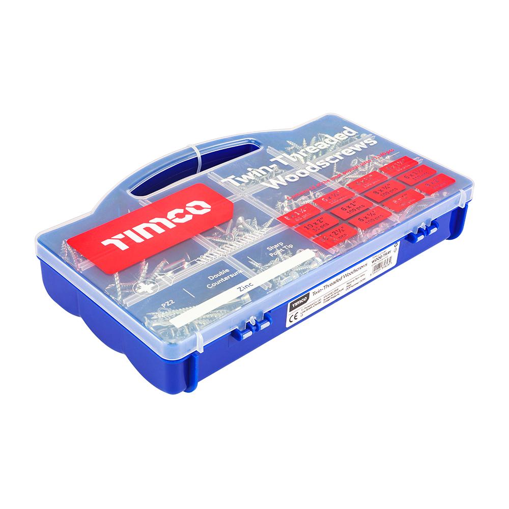 Twin-Threaded Woodscrews - Mixed Tray - PZ - Double Countersunk - Zinc - 1140 Pieces