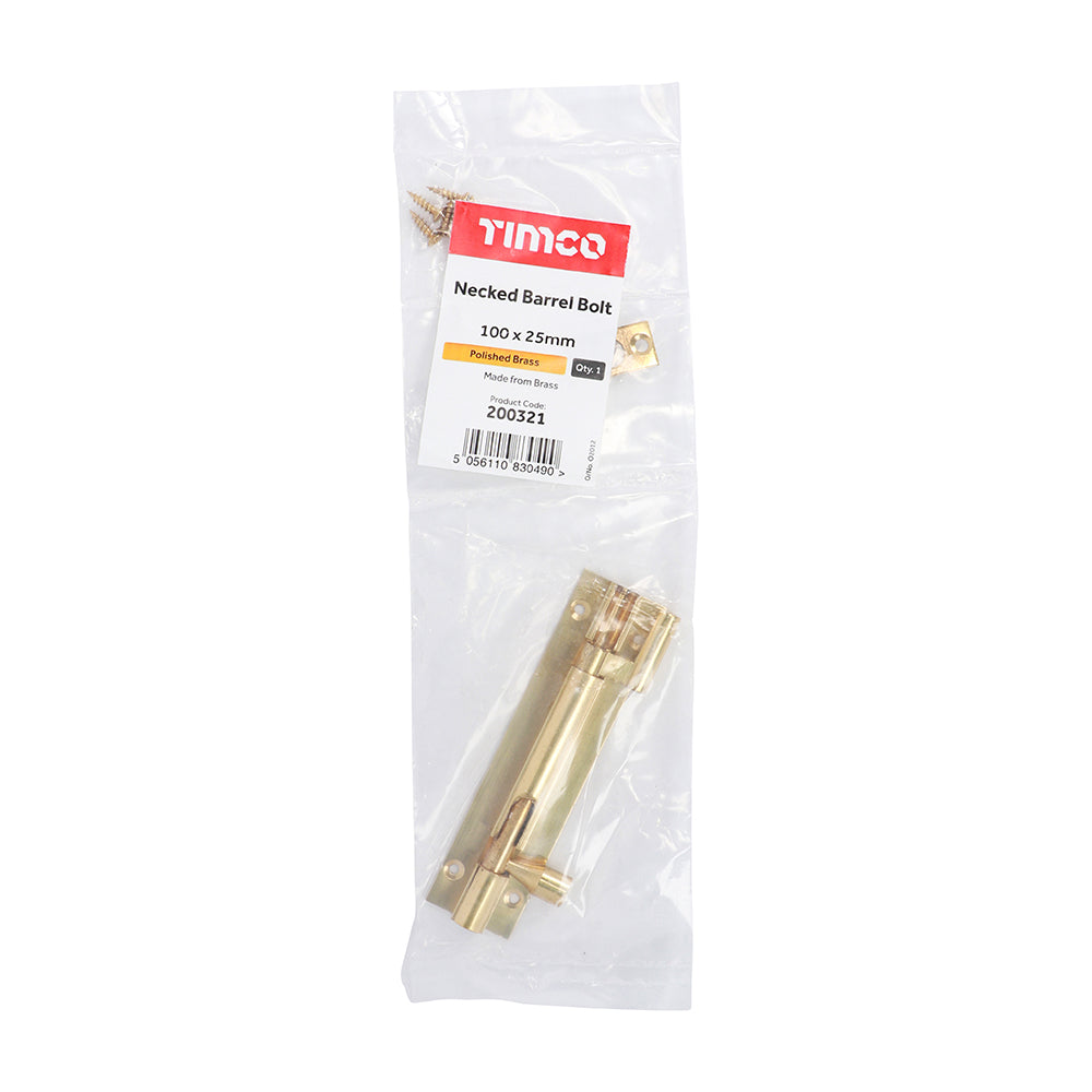 Necked Barrel Bolt Polished Brass - 100 x 25mm