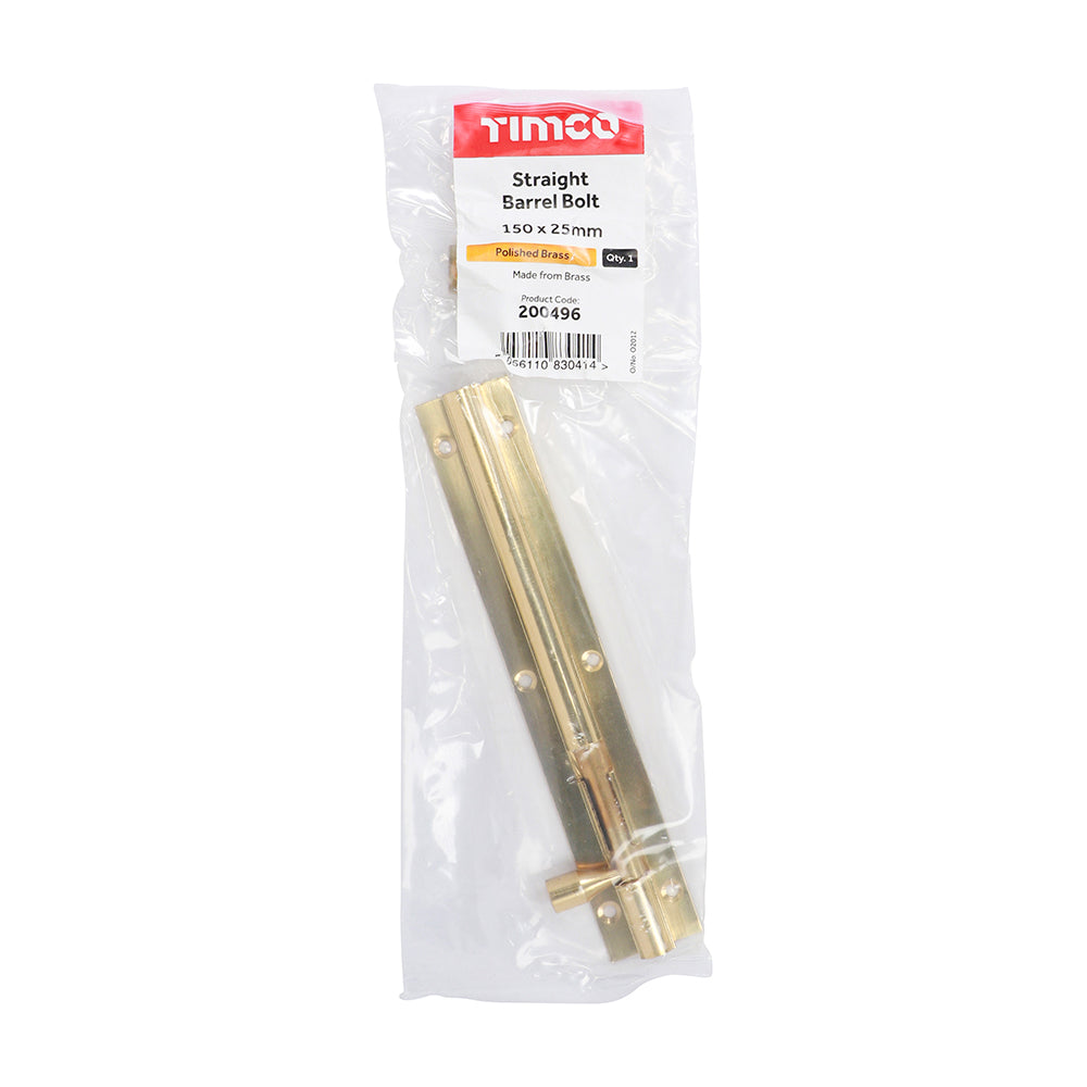 Str. Barrel Bolt Pol. Brass - 150 x 25mm