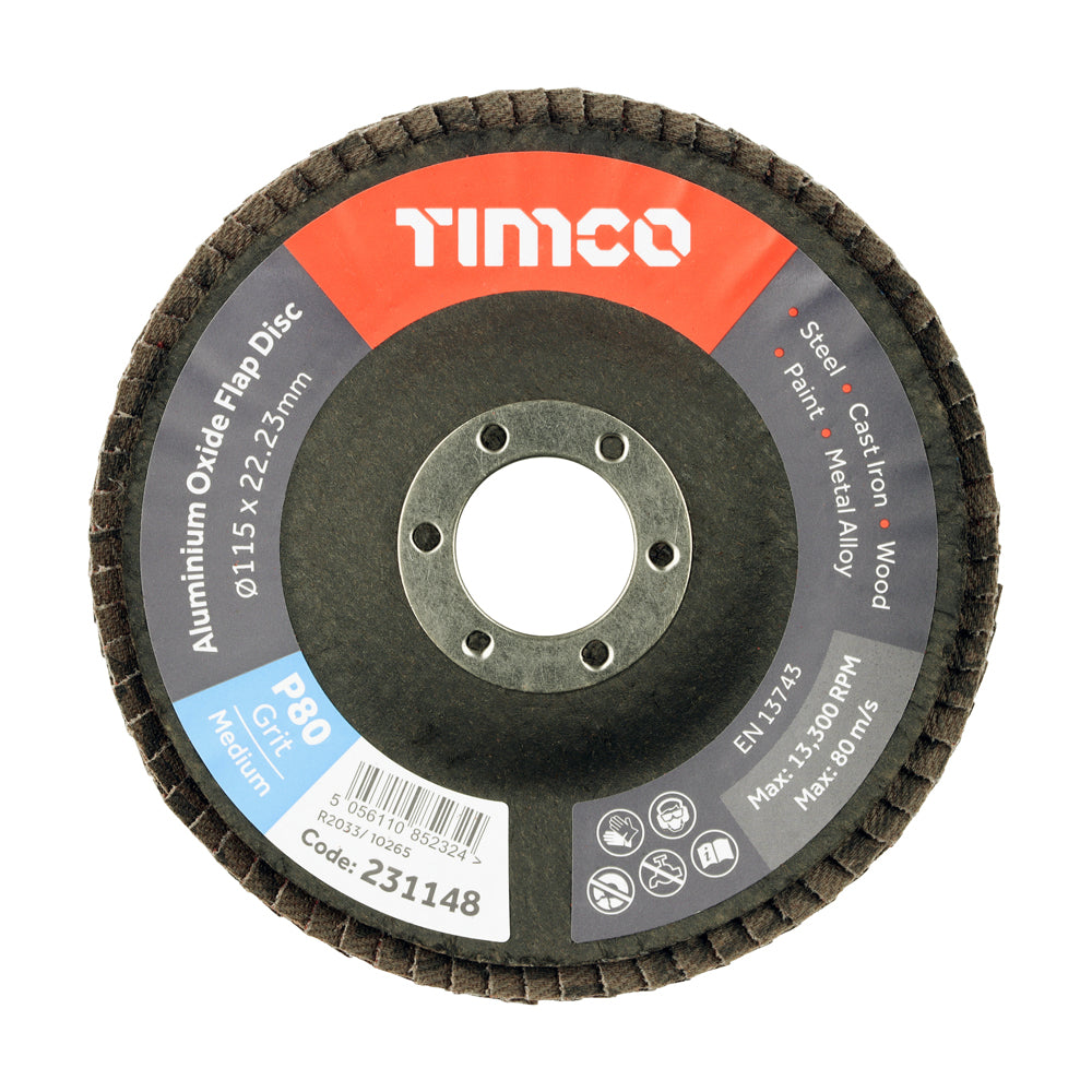 Set of Flap Discs - Aluminium Oxide - Type 29 Conical - 80 Grit 115 x 22.23