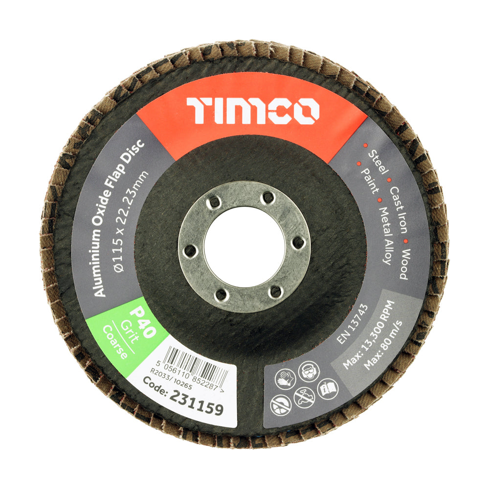 Set of Flap Discs - Aluminium Oxide - Type 29 Conical - 40 Grit 115 x 22.23