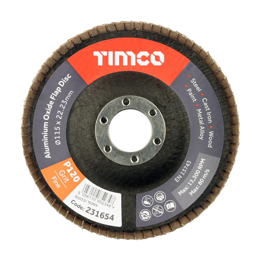 Set of Flap Discs - Aluminium Oxide - Type 29 Conical - 120 Grit 115 x 22.23