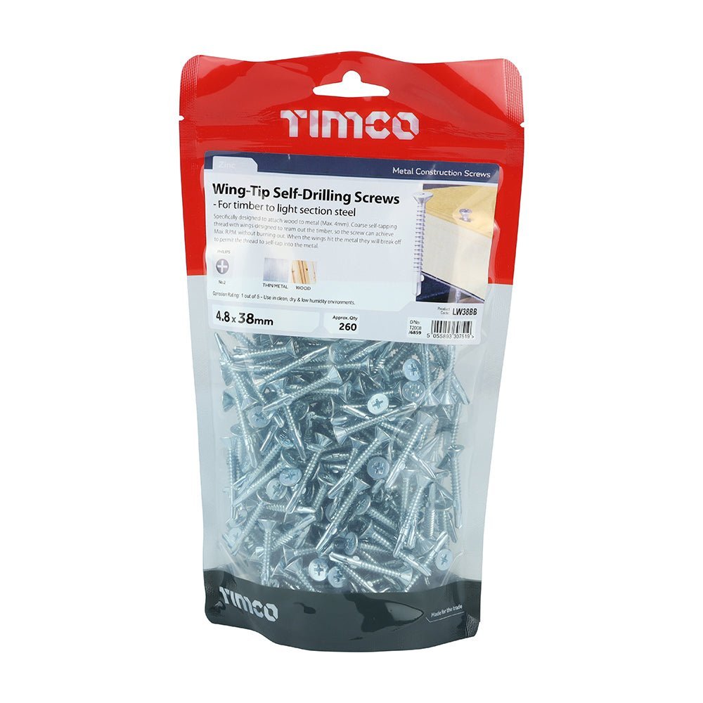 Wing-Tip Self-Drilling Screws - Countersunk - PH - For Timber to Light Section Steel - Zinc