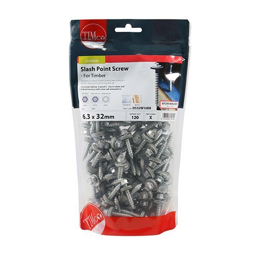 Slash Point Screws - Hex - For Timber - Exterior - Silver - With EPDM Washer