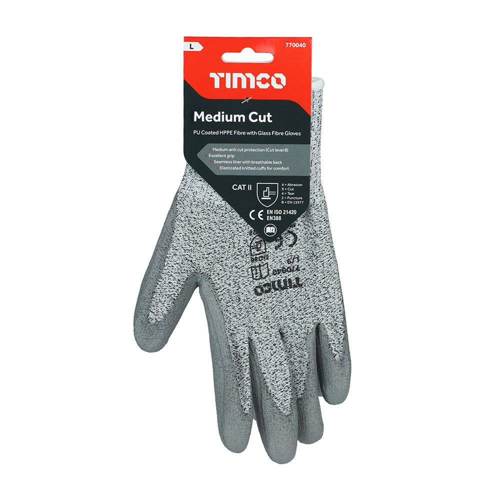Medium Cut Gloves - PU Coated HPPE Fibre with Glass Fibre