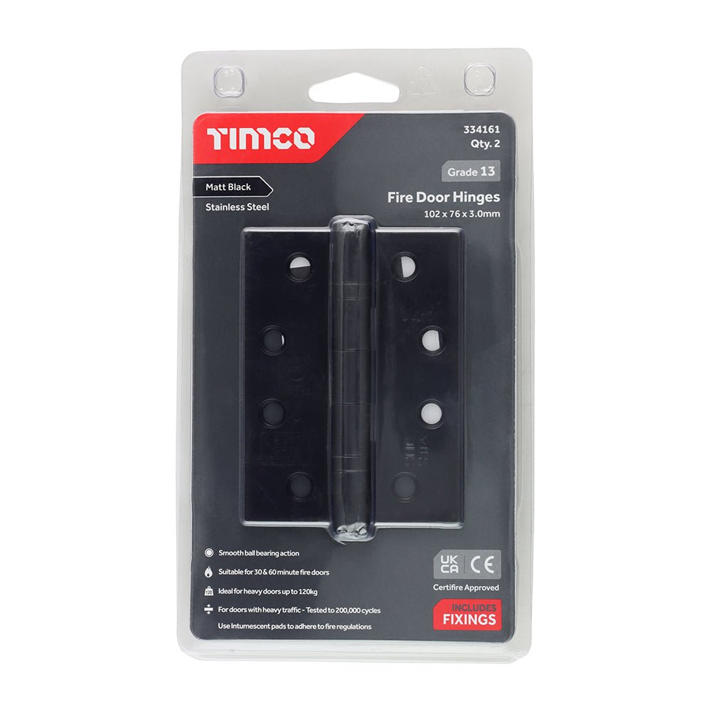 Grade 13 Fire Door Hinges - Matt Black Stainless Steel (Pack 2)