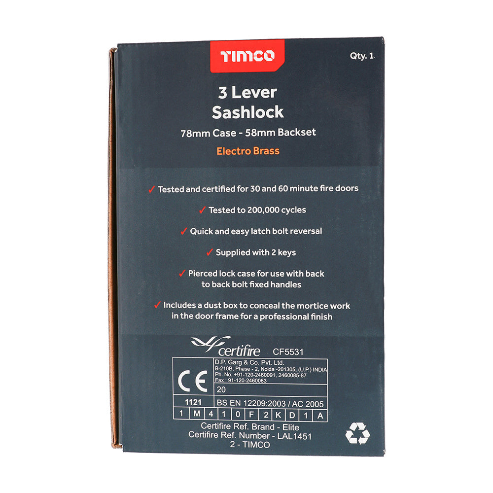 3 Lever Sashlock E. Brass - 78 case / 58 backset