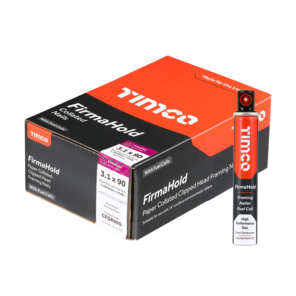 FirmaHold Collated Clipped Head Nails & Fuel Cells - Retail Pack - Plain Shank - FirmaGalv 3.1 x 90/1CFC