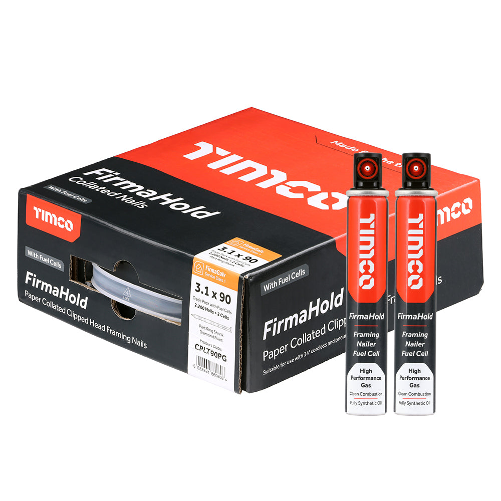FirmaHold Collated Clipped Head Nails & Fuel Cells - Trade Pack - Part Ring Shank - FirmaGalv + 3.1 x 90/2CFC