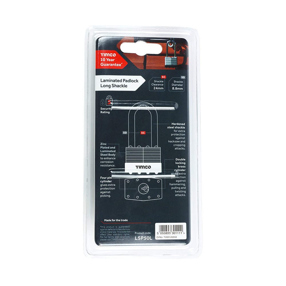 Long Shackle Laminated Padlock - 50mm