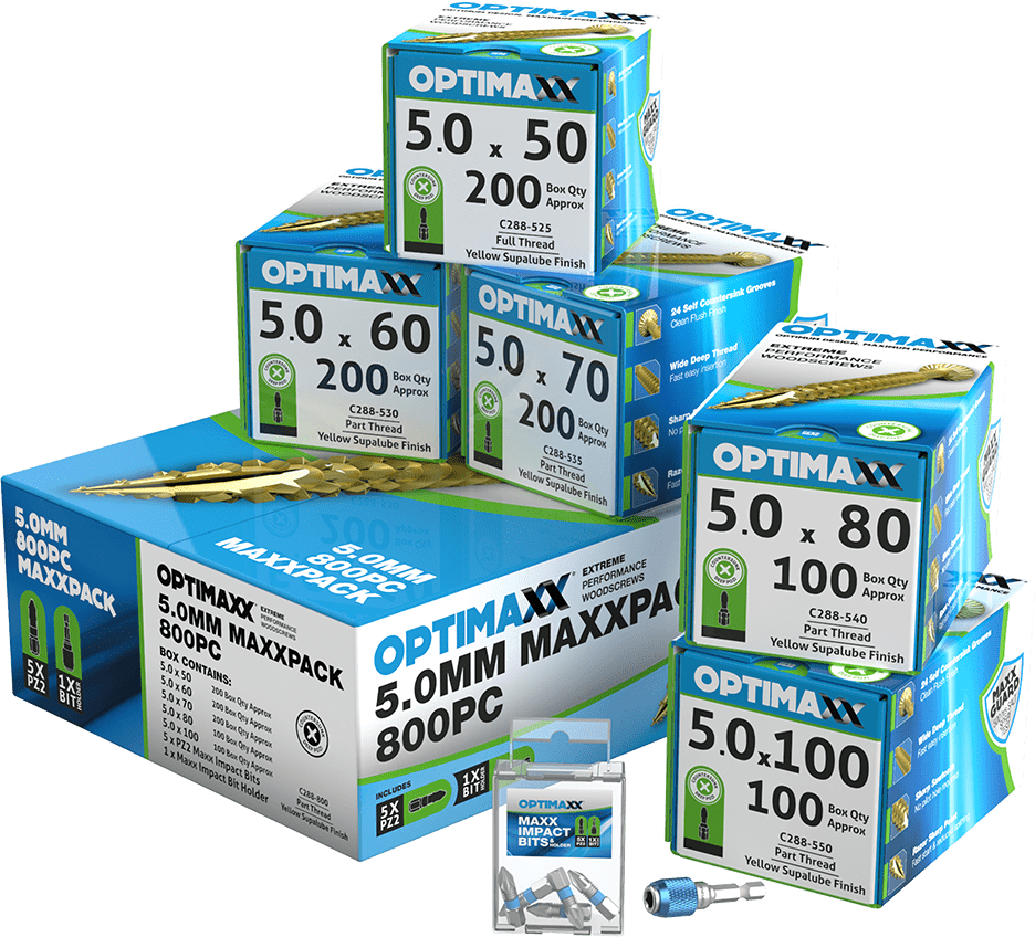 Optimaxx Extreme Performance Woodscrews - 800 Piece Maxxpack - 5.0mm