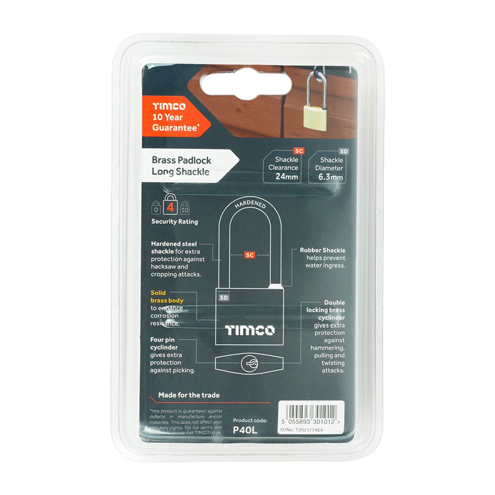 Long Shackle Brass Padlock - 40mm