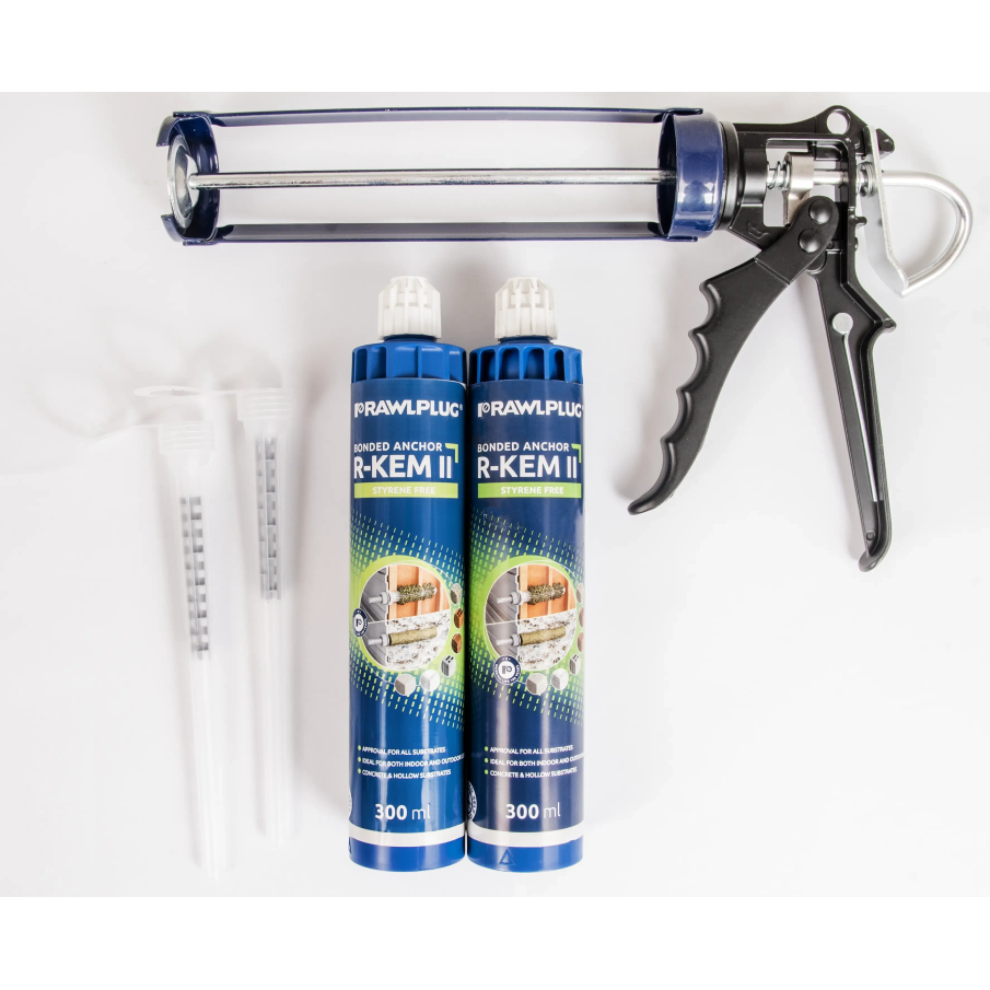 Rawlplug R-Kem-Ii Polyester Resin Styrene Free 300Ml Resin Cartridges X 2 With Heavy Duty Resin Gun (2 X R-Kem Nozzles Included)